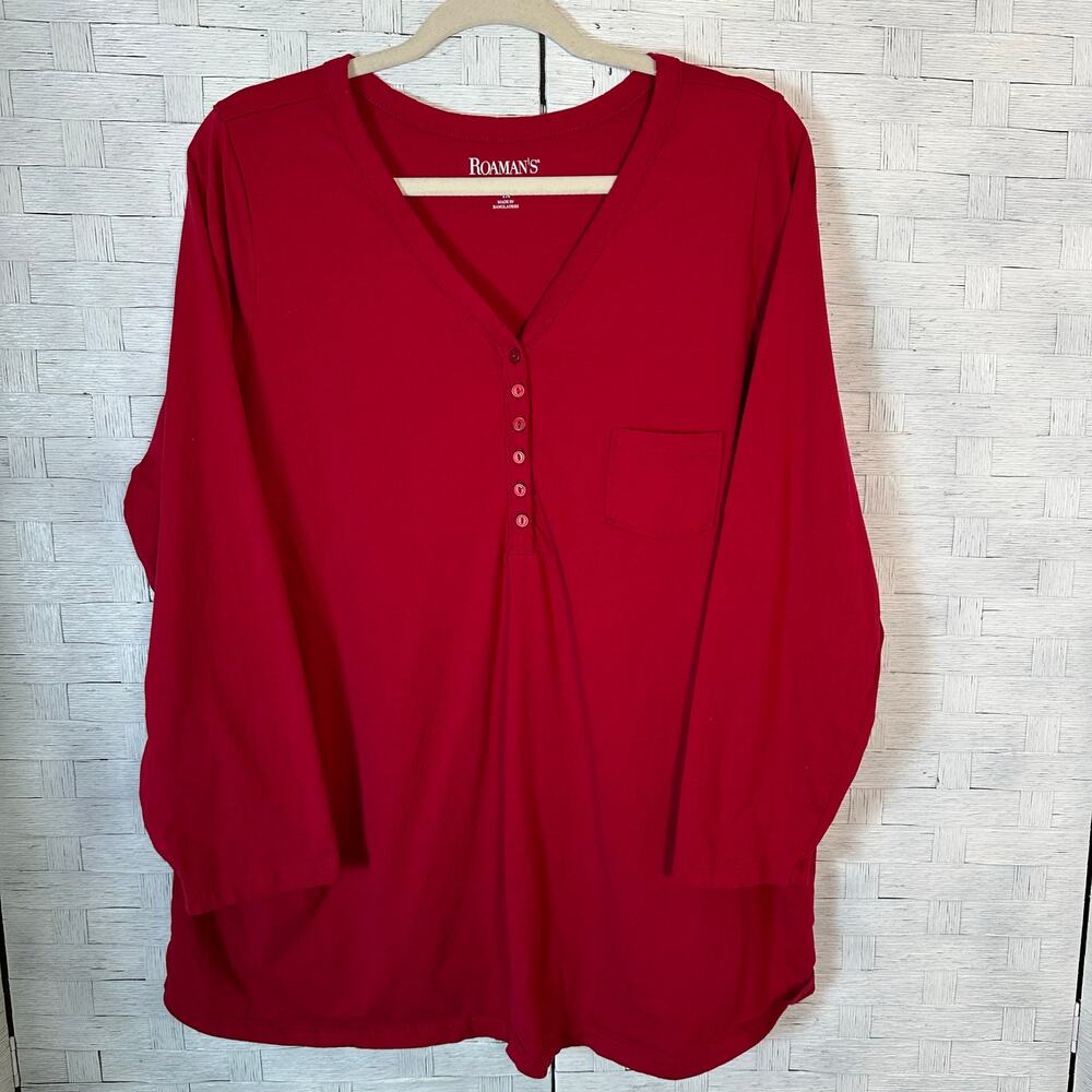 Roman’s women’s Henley long sleeve T-shirt, red Normcore casual plus‎ size ￼